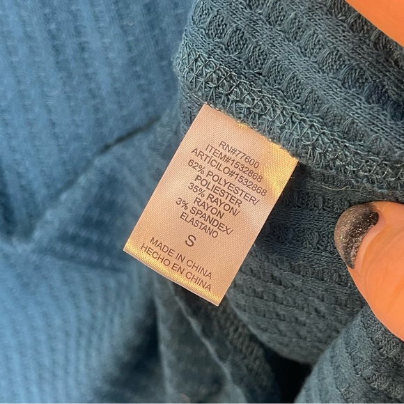 CHASER Teal Waffle Knit Hooded Long Sleeve Pullover Top Size Small - Picture 4 of 7